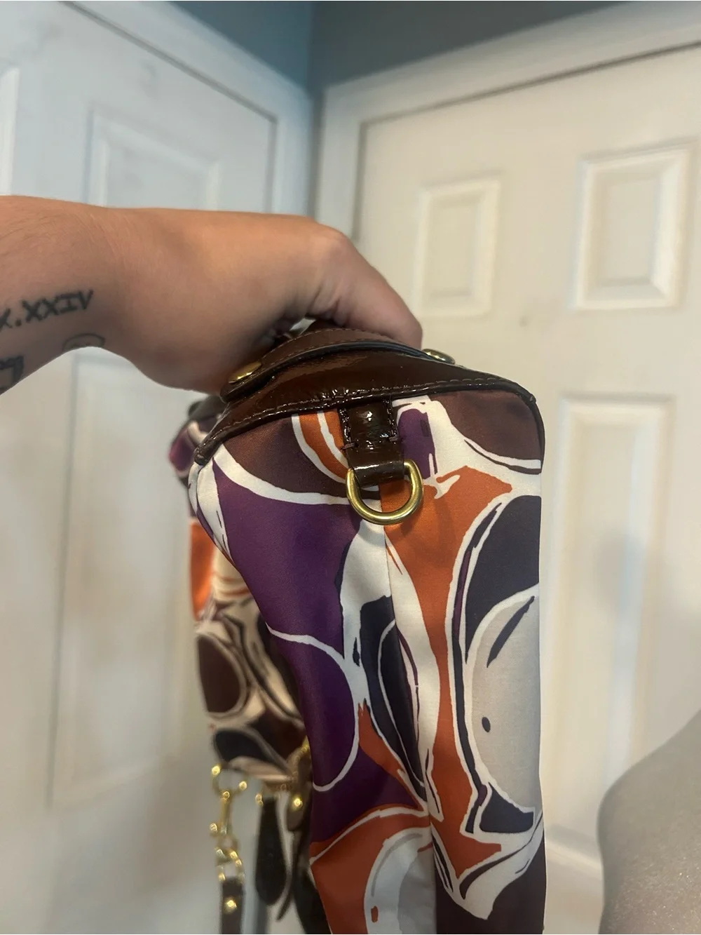 Coach Ashley Multicolor Scarf Print Satchel Shoulder Bag with Brown Leather Trim